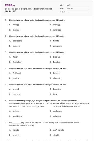 Bộ 5 đề thi giữa kì 2 Tiếng Anh 7 i-Learn smart world có đáp án - Đề 1