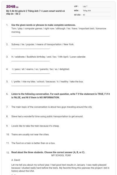 Bộ 5 đề thi giữa kì 2 Tiếng Anh 7 i-Learn smart world có đáp án - Đề 2