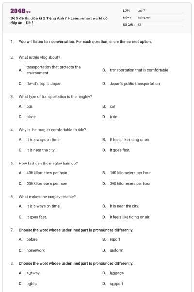 Bộ 5 đề thi giữa kì 2 Tiếng Anh 7 i-Learn smart world có đáp án - Đề 3