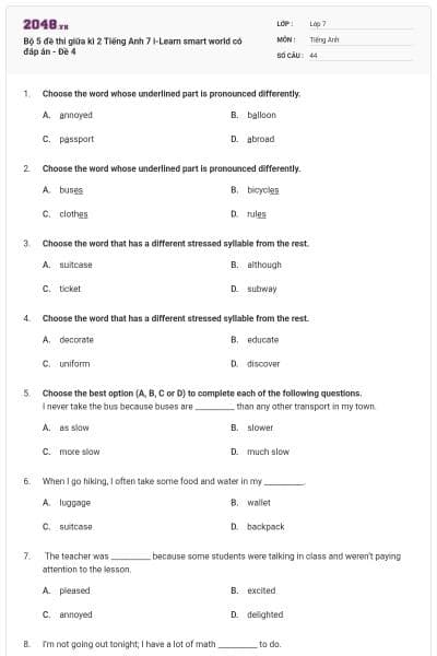 Bộ 5 đề thi giữa kì 2 Tiếng Anh 7 i-Learn smart world có đáp án - Đề 4