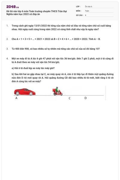 Đề thi vào lớp 6 môn Toán trường chuyên THCS Trần Đại Nghĩa năm học 2022 có đáp án