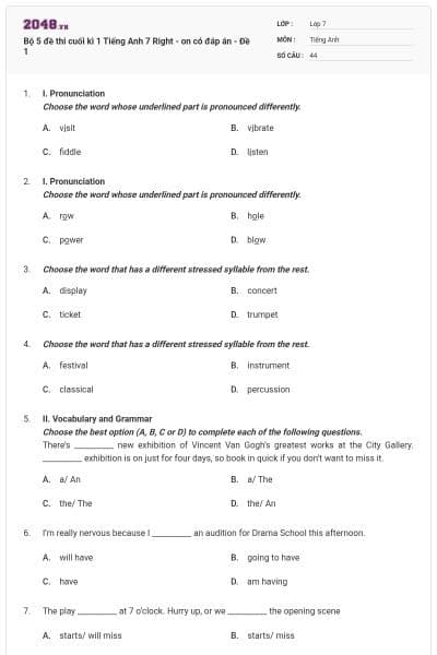 Bộ 5 đề thi cuối kì 1 Tiếng Anh 7 Right - on có đáp án - Đề 1