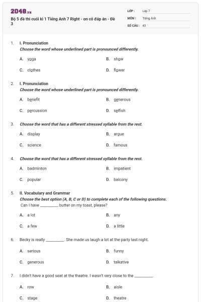 Bộ 5 đề thi cuối kì 1 Tiếng Anh 7 Right - on có đáp án - Đề 3