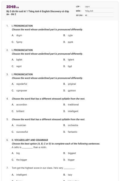Bộ 5 đề thi cuối kì 1 Tiếng Anh 6 English Discovery có đáp án - Đề 2