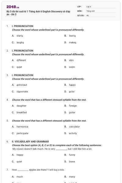 Bộ 5 đề thi cuối kì 1 Tiếng Anh 6 English Discovery có đáp án - Đề 3