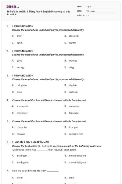 Bộ 5 đề thi cuối kì 1 Tiếng Anh 6 English Discovery có đáp án - Đề 4