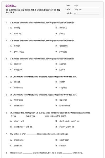 Bộ 5 đề thi cuối kì 2 Tiếng Anh 6 English Discovery có đáp án - Đề 2