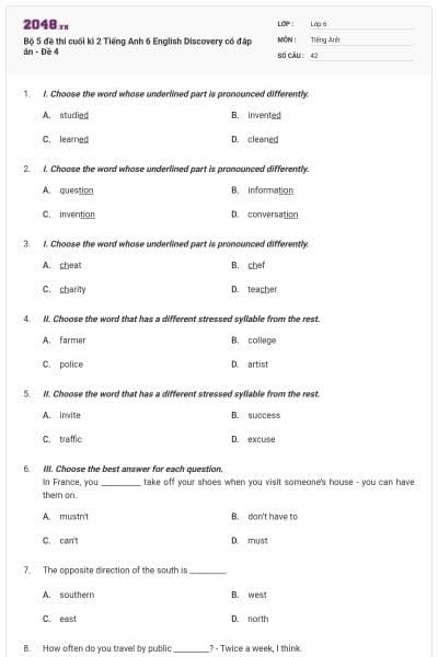 Bộ 5 đề thi cuối kì 2 Tiếng Anh 6 English Discovery có đáp án - Đề 4