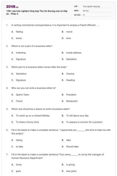 100+ câu trắc nghiệm tổng hợp Thư tín thương mại có đáp án - Phần 3