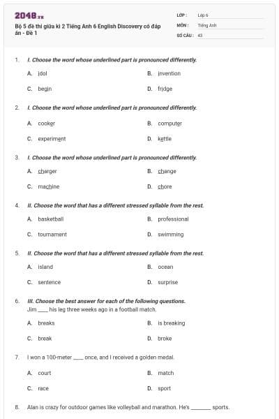 Bộ 5 đề thi giữa kì 2 Tiếng Anh 6 English Discovery có đáp án - Đề 1