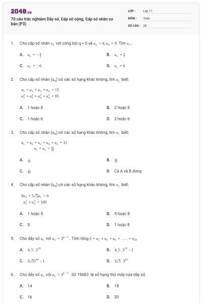70 câu trắc nghiệm Dãy số, Cấp số cộng, Cấp số nhân cơ bản (P3)