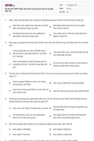 Đề thi thử THPT Quốc Gia môn Lịch Sử cực hay có lời giải (Đề 14)
