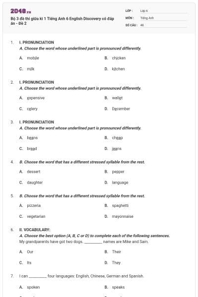 Bộ 3 đề thi giữa kì 1 Tiếng Anh 6 English Discovery có đáp án - Đề 2