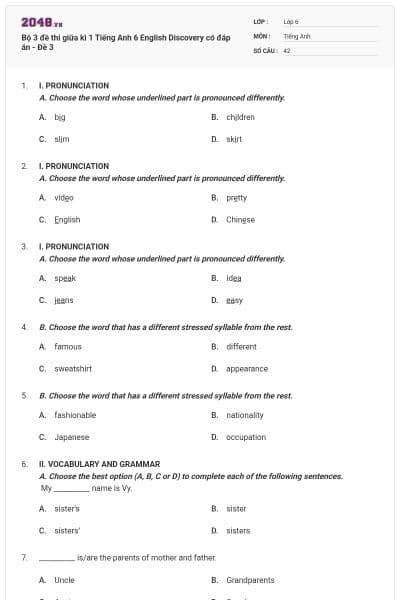 Bộ 3 đề thi giữa kì 1 Tiếng Anh 6 English Discovery có đáp án - Đề 3