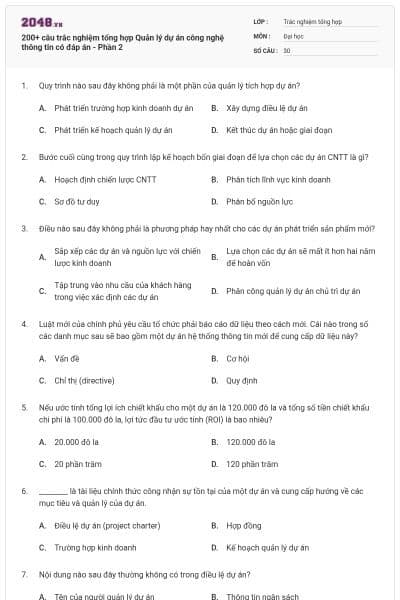 200+ câu trắc nghiệm tổng hợp Quản lý dự án công nghệ thông tin có đáp án - Phần 2
