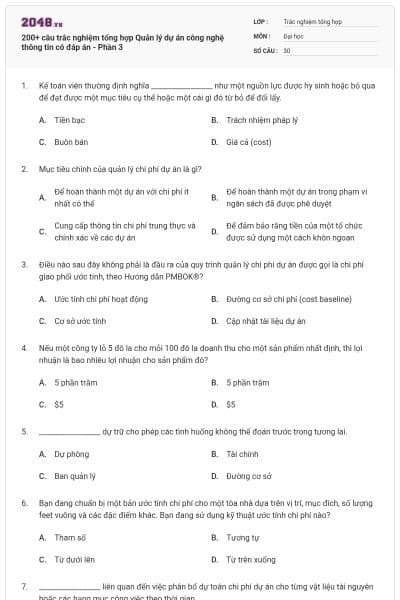 200+ câu trắc nghiệm tổng hợp Quản lý dự án công nghệ thông tin có đáp án - Phần 3