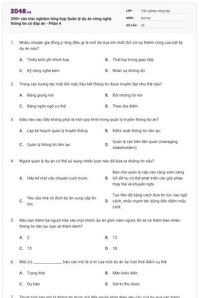 200+ câu trắc nghiệm tổng hợp Quản lý dự án công nghệ thông tin có đáp án - Phần 4
