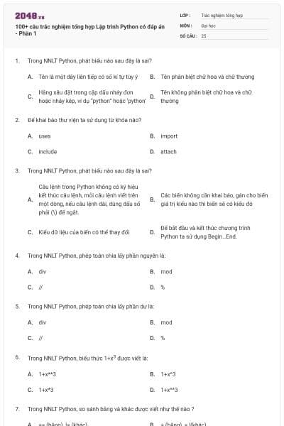 100+ câu trắc nghiệm tổng hợp Lập trình Python có đáp án - Phần 1