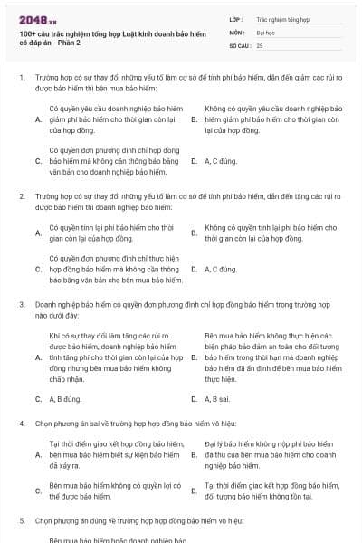 100+ câu trắc nghiệm tổng hợp Luật kinh doanh bảo hiểm có đáp án - Phần 2