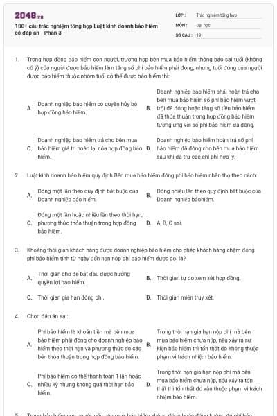 100+ câu trắc nghiệm tổng hợp Luật kinh doanh bảo hiểm có đáp án - Phần 3