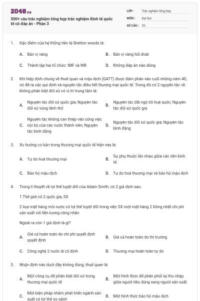 500+ câu trắc nghiệm tổng hợp trắc nghiệm Kinh tế quốc tế có đáp án - Phần 3