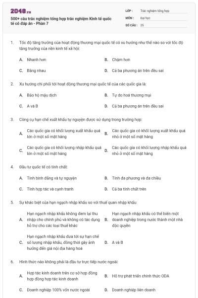 500+ câu trắc nghiệm tổng hợp trắc nghiệm Kinh tế quốc tế có đáp án - Phần 7