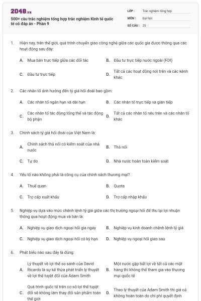 500+ câu trắc nghiệm tổng hợp trắc nghiệm Kinh tế quốc tế có đáp án - Phần 9