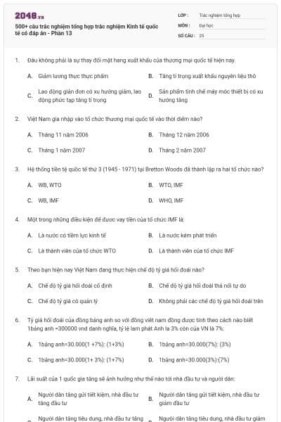 500+ câu trắc nghiệm tổng hợp trắc nghiệm Kinh tế quốc tế có đáp án - Phần 13