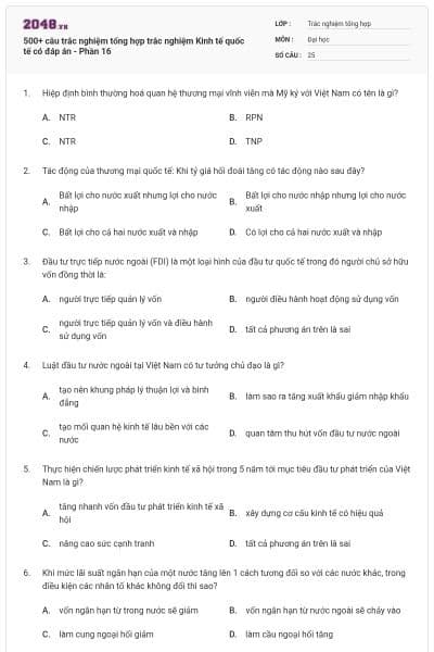 500+ câu trắc nghiệm tổng hợp trắc nghiệm Kinh tế quốc tế có đáp án - Phần 16