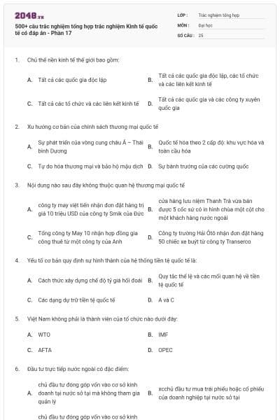 500+ câu trắc nghiệm tổng hợp trắc nghiệm Kinh tế quốc tế có đáp án - Phần 17