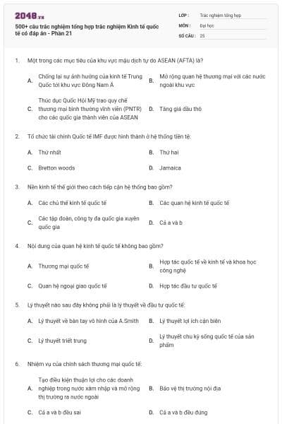 500+ câu trắc nghiệm tổng hợp trắc nghiệm Kinh tế quốc tế có đáp án - Phần 21