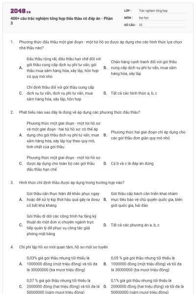 400+ câu trắc nghiệm tổng hợp Đấu thầu có đáp án - Phần 3