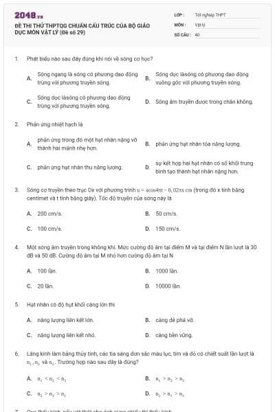 ĐỀ THI THỬ THPTQG CHUẨN CẤU TRÚC CỦA BỘ GIÁO DỤC MÔN VẬT LÝ (Đề số 29)
