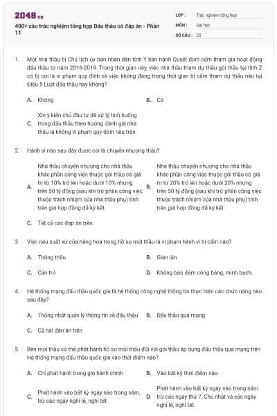 400+ câu trắc nghiệm tổng hợp Đấu thầu có đáp án - Phần 11