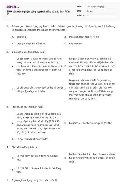 400+ câu trắc nghiệm tổng hợp Đấu thầu có đáp án - Phần 13