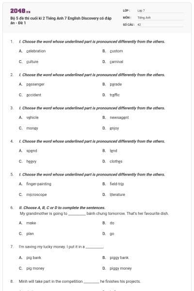 Bộ 5 đề thi cuối kì 2 Tiếng Anh 7 English Discovery có đáp án - Đề 1