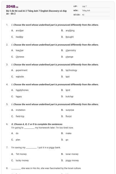 Bộ 5 đề thi cuối kì 2 Tiếng Anh 7 English Discovery có đáp án - Đề 2