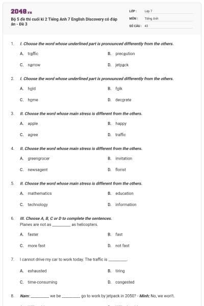 Bộ 5 đề thi cuối kì 2 Tiếng Anh 7 English Discovery có đáp án - Đề 3
