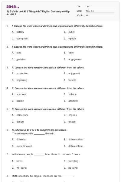 Bộ 5 đề thi cuối kì 2 Tiếng Anh 7 English Discovery có đáp án - Đề 4