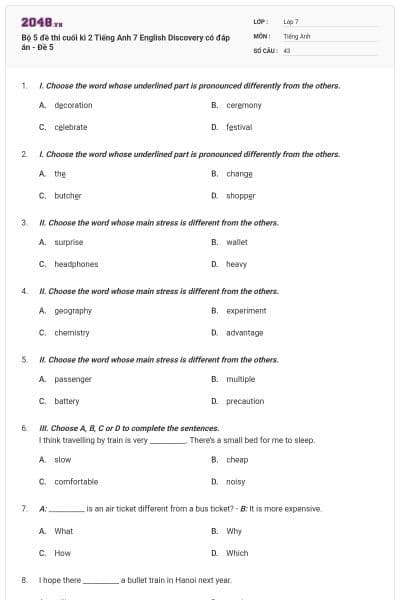 Bộ 5 đề thi cuối kì 2 Tiếng Anh 7 English Discovery có đáp án - Đề 5