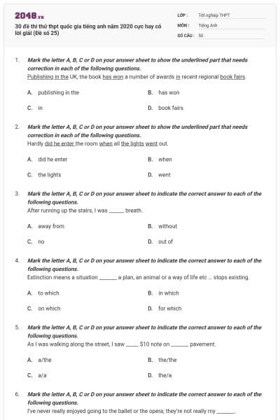 30 đề thi thử thpt quốc gia tiếng anh năm 2020 cực hay có lời giải (Đề số 25)