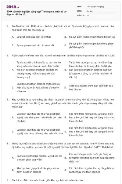 500+ câu trắc nghiệm tổng hợp Thương mại quốc tế có đáp án - Phần 15