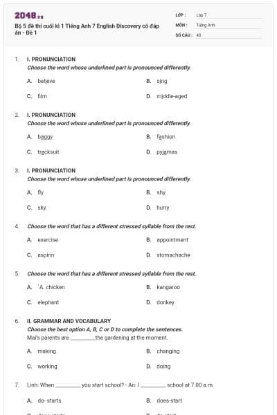 Bộ 5 đề thi cuối kì 1 Tiếng Anh 7 English Discovery có đáp án - Đề 1