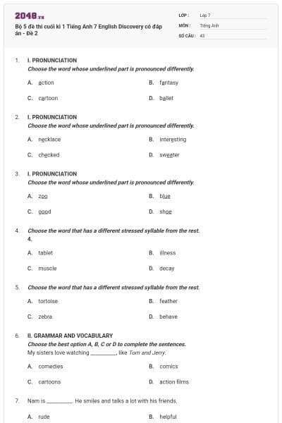 Bộ 5 đề thi cuối kì 1 Tiếng Anh 7 English Discovery có đáp án - Đề 2