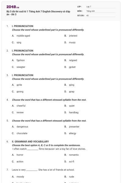 Bộ 5 đề thi cuối kì 1 Tiếng Anh 7 English Discovery có đáp án - Đề 3