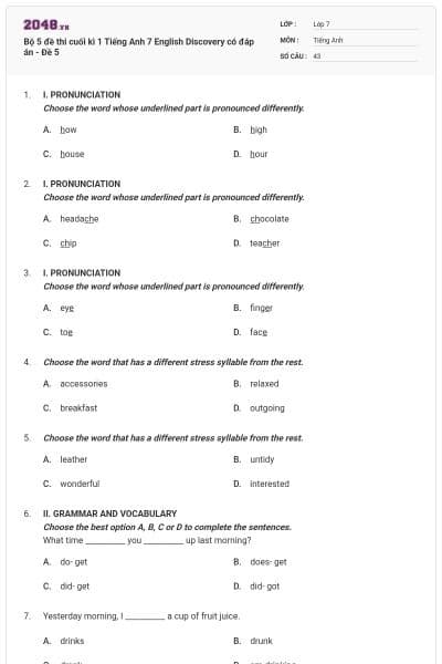 Bộ 5 đề thi cuối kì 1 Tiếng Anh 7 English Discovery có đáp án - Đề 5