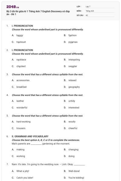 Bộ 3 đề thi giữa kì 1 Tiếng Anh 7 English Discovery có đáp án - Đề 1