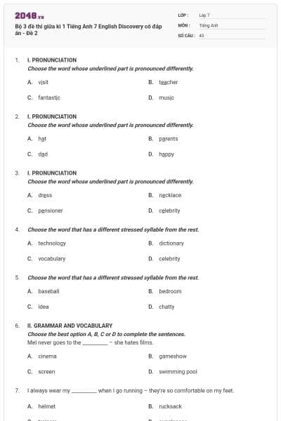 Bộ 3 đề thi giữa kì 1 Tiếng Anh 7 English Discovery có đáp án - Đề 2