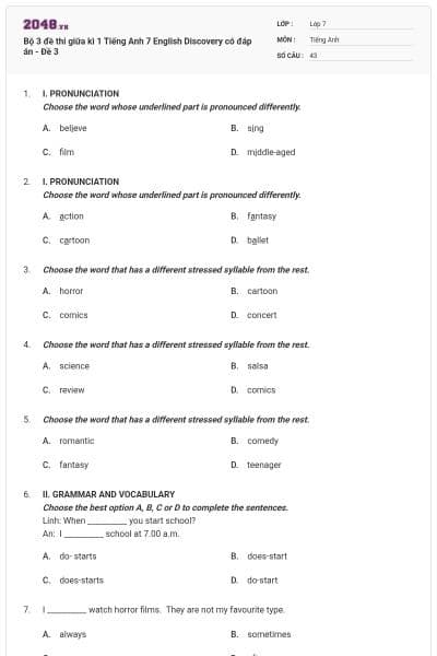 Bộ 3 đề thi giữa kì 1 Tiếng Anh 7 English Discovery có đáp án - Đề 3