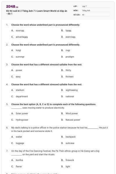 Đề thi cuối kì 2 Tiếng Anh 7 i-Learn Smart World có đáp án - Đề 1